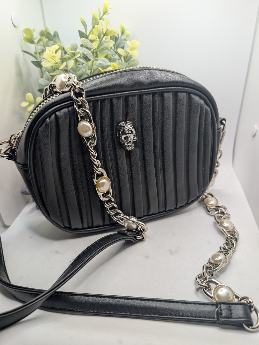 Betsey Johnson Black Quilted Skull Crossbody Bag with Pearl Chain Accent